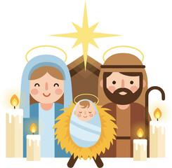 A cute cartoon illustration of the Nativity scene with Mary, Joseph, and baby Jesus in a manger, surrounded by lit candles and a shining star.