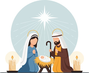 A beautiful illustration of the Nativity scene with Mary, Joseph, and baby Jesus under a shining star, flanked by two glowing candles.