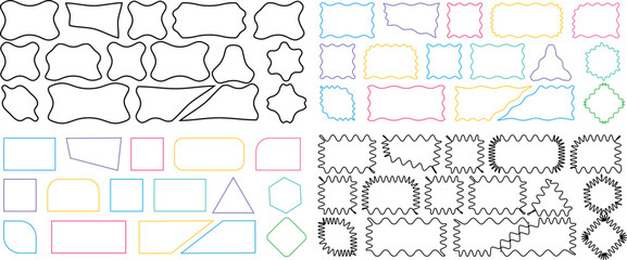 Colorful Hand-Drawn Doodle Wave Curve Edge Frames with Zigzag Wavy Rectangle, Square, and Circle Borders for Playful Vector Designs