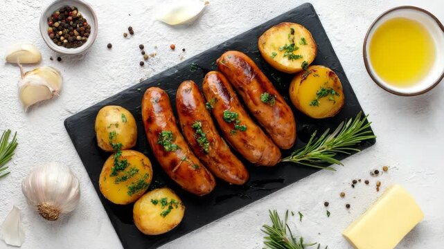 Grilled sausages with roasted potatoes on black slate plate, top view, on white background. Concept of homemade lunch or dinner meal