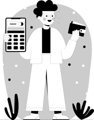 Character holds smartphone and calculator while organizing personal budget at home