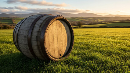 Obraz premium Old wooden beer barrel resting in a green field at sunset 