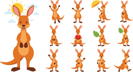 Obraz premium Cute kangaroo character vector set featuring various poses, baby joey, umbrella, heart, leaves and playful Australian animal illustrations