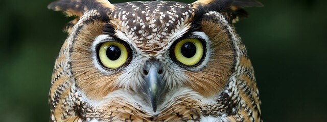 A close-up, head-on view of a great horned owl with piercing yellow eyes and intricate feather details.