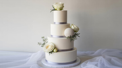 Elegant four tier cream wedding cake with white roses and greenery image
