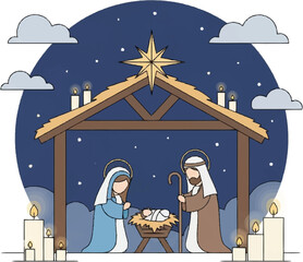 Illustration of the Nativity scene with Mary, Joseph, and baby Jesus under a star-lit night sky with candles.