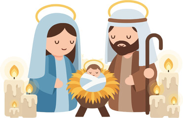 A cute cartoon Nativity scene with Mary, Joseph, and baby Jesus in a manger, surrounded by glowing candles and halos.