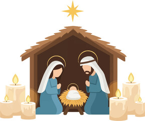 A cartoon illustration of the Nativity scene with Mary, Joseph, and baby Jesus in a stable, surrounded by glowing candles and a bright star.