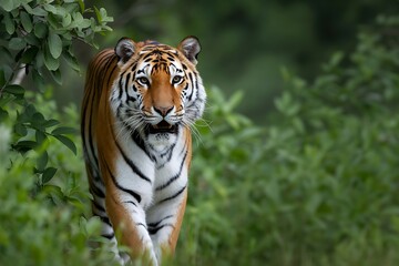 Majestic Bengal tiger walks through lush green foliage, displaying its powerful build and striking orange and black stripes.