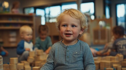 modern lifestyle photography of a group of children in a professional beautiful modern daycare. cinematic lifestyle photography. 