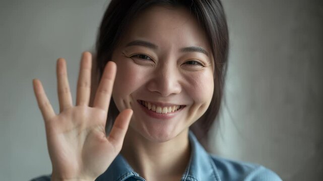 Woman smiles and waves close to camera with hand in foreground and warm expression, set against a soft neutral background with empty space available for text or design and natural lighting on the face