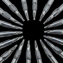 Precision milling cutters arranged in a circular pattern against a stark
