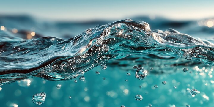 Turbulent blue ocean water surface with bubbles and splashes for nature concepts.

