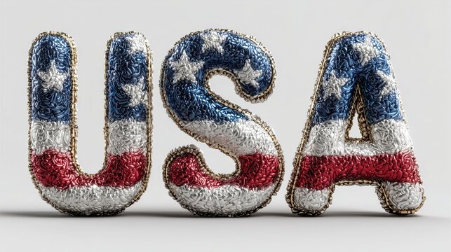 Sparkling 3D USA letters with sequin texture for independence day celebration.

