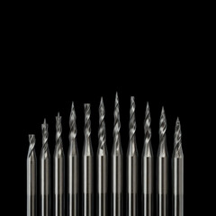 Precision metal milling bits displayed in a row against a stark for industry