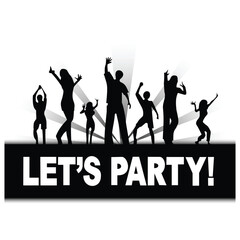 Let’s Party Clipart – Dancing Silhouettes with Radiating Lines & Bold Text for Celebration & Event Designs
