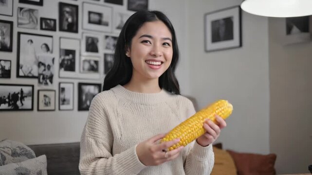 Happy asian female adult holds a fresh ear of corn. She smiles cheerfully, enjoying the healthy vegetable. A vibrant moment capturing wholesome food choices