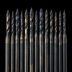 Collection of precision black and gold end mills and drill bits displayed against