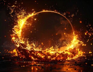 Fiery Ring of Sparks and Flames on Dark Background with Glowing Embers