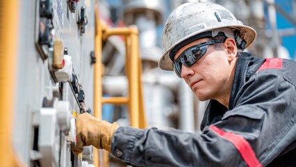Engineer checking equipment in industrial setting with safety glasses under bright daylight