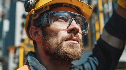 Engineer wearing safety glasses inspects equipment in bright industrial setting with sharp clarity