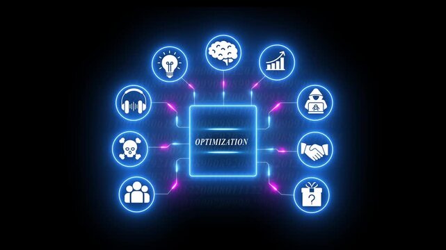 Neon Icons Illustrating Optimization Process Linked to Central Word Optimization optimize efficiency