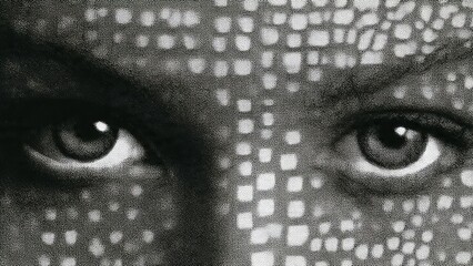 Faint dotted scanning line across eyes abstract tech analysis digital art neutral gradient background close-up view