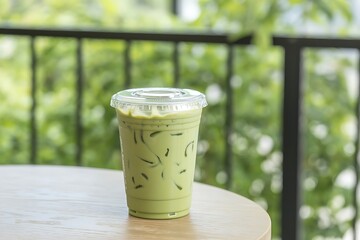 Refreshing iced matcha latte in a clear plastic cup on a wooden table outdoors