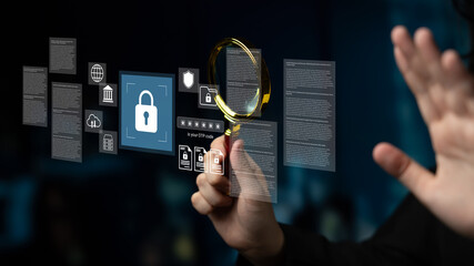 A hand examines an array of digital security elements on a virtual screen using a magnifying glass, highlighting the significance of safeguarding online data and privacy. Gantry