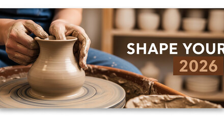 Close-up of hand shaping a clay vase on a pottery wheel, representing creation, artistry, and craftsmanship, with text and blank space available