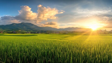 Fototapeta premium The sun sets over a vibrant green rice field, casting golden rays across the landscape and illuminating the lush vegetation with a warm, inviting glow, creating a picturesque scene