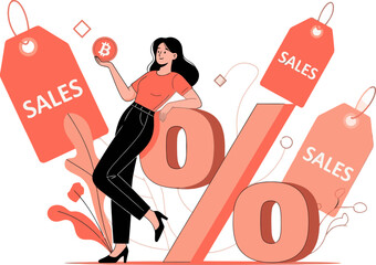 A stylish woman holds sale tags with a zero percent discount, surrounded by sales promotions. Modern illustration, vibrant colors, and a focus on smart money moves.