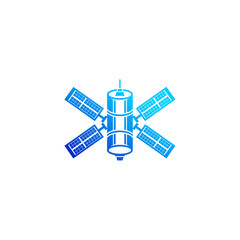 Stylized Blue Satellite Icon with Solar Panels in Modern Flat Design for Technology and Space Themes