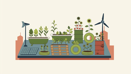 Obraz premium An urban rooftop garden using reclaimed materials for planters illustrating waste reduction in city farming initiatives.