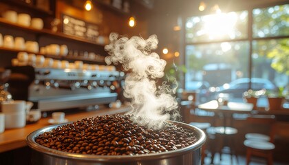 Naklejka premium Freshly Roasted Coffee Beans Emitting Steam in a Cozy Cafe.