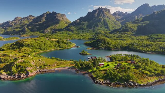 Northen green nature of Lofoten, Norway. Aerial view of breathtaking natural beauty of Lofoten Islands with stunning mountains, lush forests and lakes 