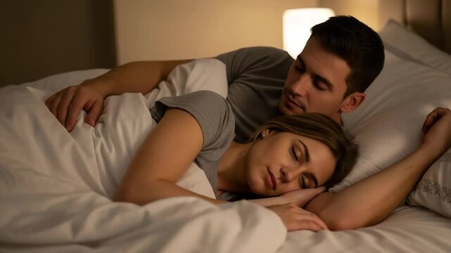 A peaceful caucasian adult couple sleeps soundly in a comfortable bed. The male gently embraces the female under soft white bedding. This intimate moment conveys relaxation and restful sleep