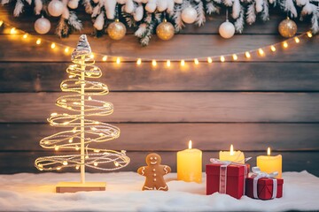 Festive christmas scene with illuminated tree gingerbread man and gifts