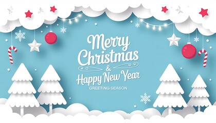 Merry christmas and happy new year festive winter scene with trees and snowflakes