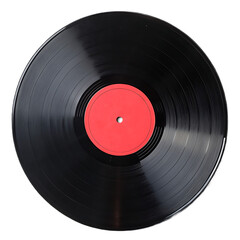 Obraz premium Vintage black vinyl record with red label on black background