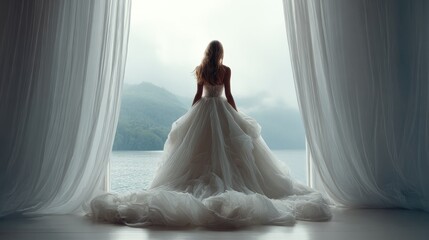 Bridal Elegance Meets Nature Dreamy Gown by the Misty Lake