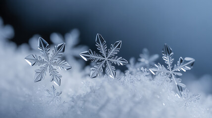 Three detailed snowflakes with sharp crystalline structures resting on a bed of snow with a blurred background