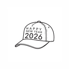 Happy New Year 2026 Baseball Cap Outline Drawing Vector