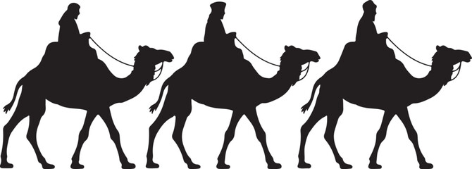 Three Wise Men Silhouettes Riding Camels Journeying Through the Desert