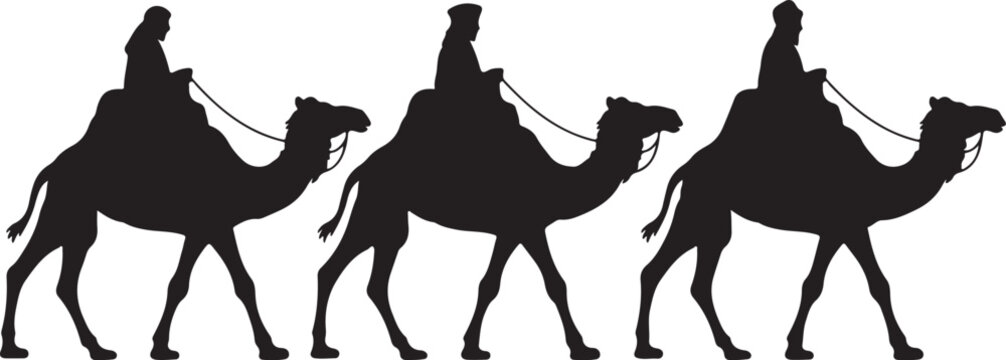 Three Wise Men Silhouettes Riding Camels Journeying Through the Desert