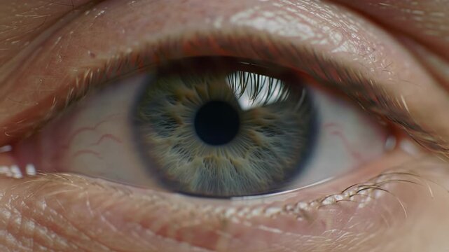 Extreme close-up macro video of a mesmerizing blue-green human eye opening, revealing intricate iris details, dilating pupil, and dewy lashes under soft cinematic light. Scientific fascination