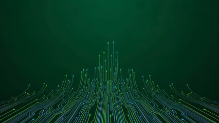 Abstract Digital Circuit Board with Glowing Lines and Data Flow.