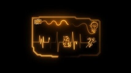 Orange neon digital interface displaying heart rate, battery, and activity icons health medical - Powered by Adobe