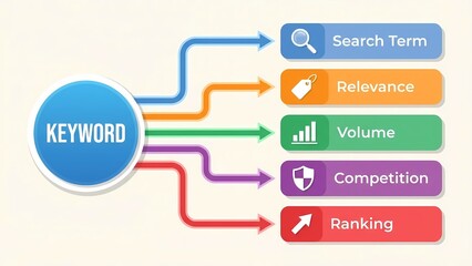 Keyword research concept with search term, relevance, volume, competition, and ranking elements