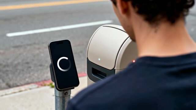 Man uses smartphone with loading circle to interact with a smart parking meter or futuristic outdoor device